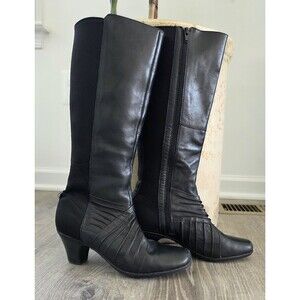 Cobb Hill Womens 7M Black Leather Knee High Boots Stretch Calf Zip Block Heel